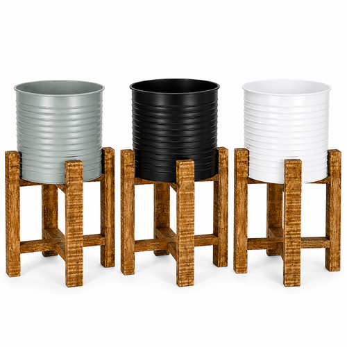 Metal planter wooden stand - on,