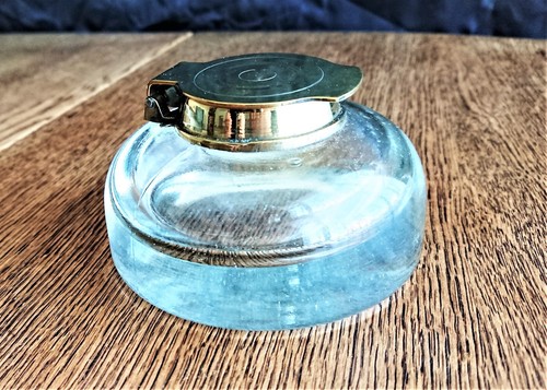 Glass inkwell with brass rim - inkwell,