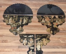 Matching Pair Antique Chinoiserie Japanese Hand Painted Lacquer Wall Shelves