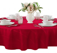 ELRENE RED PLAID POINSETTIA CHRISTMAS HOLIDAY POLYESTER TABLECLOTH 90"ROUND NEW