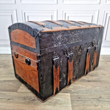 Antique Domed Top Steamer Trunk Stagecoach Pirate Chest Pressed Tin Wood Banded