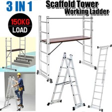 Aluminium Scaffolding Ladder Work Platform 3 IN 1 Multi-purpose Ladders W/Wheels