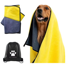 140x70cm XL Dog Drying Towel – Ultra Absorbent, Calming, with Bag (Yellow /Grey)