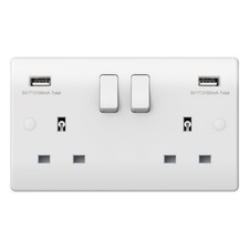Double Wall Plug Socket 2 Gang 13A with 2 USB Charger Port Outlets White Plate 