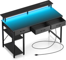 Desk with Drawers, Home Office Desk with LED Lights, Storage Shelves, Power Outl