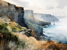 Ireland Painting Cliffs of Moher Irish Coastal Landscape Watercolor Art Print