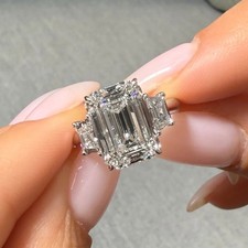 5 Carat Lab Grown Diamond Three Stone Ring For Women - Emerald Cut 14k Gold