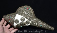 13.4 "Old Tibet Conch Shell Trumpet Horn Inlay Copper Gem Eight treasures Statue