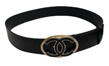 Chanel black leather belt with a gold-tone interlocking CC logo buckle