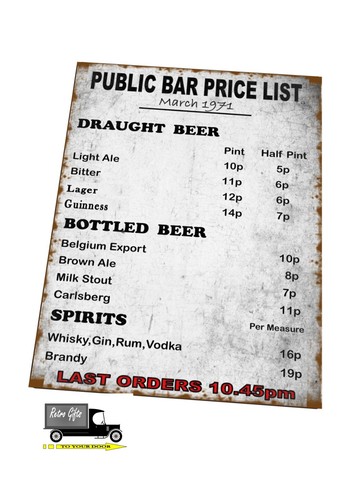Retro 1970s bar prices sign - retro,