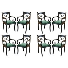 EIGHT VINTAGE ENGLISH REGENCY EBONISED SABRE LEG GREEN VELVET DINING CHAIRS 8
