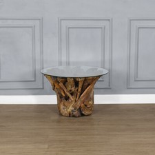 Teak Driftwood Round Coffee Table with Toughened safety glass top