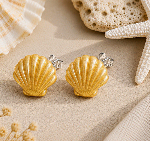 Gold shell stud earrings - shell,