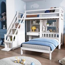 Kids Bunk Bed with Desk & Storage White 3FT Pine Wood Double Loft Bed 90x190cm