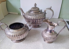 ANTIQUE 3 PCE RIBBED SILVER PLATED TEA POT SET - MAKER   JAMES DIXON