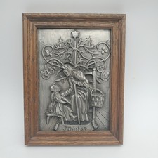 Vintage Heinrich Hand Made Pewter Relief of Winter in Wood Frame Plaque