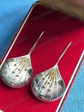 Vintage Art Nouveau Style 925 Silver/Gold Lily Flower Drop Earrings Bi-Tone Long