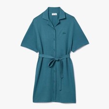 Women's Dress Lacoste Linen and Cotton Belted Shirt Button up in Green