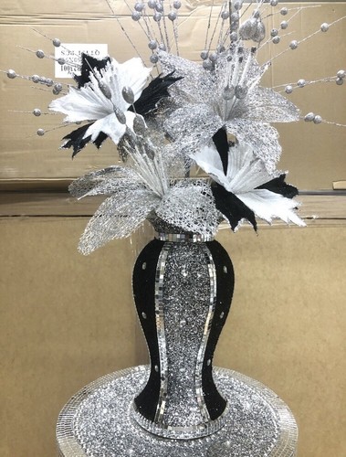 Black silver vase with flowers - vase,