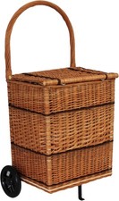 Wicker Shopping Trolley Basket with Lid & Wheels | Natural Log Holder