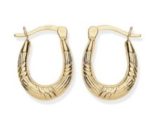 9ct Gold on Silver Oval Creole Earrings - Patterned Hoop