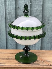 Vintage Mid Century Empoli Glass Lidded Apothecary/Bon Bon Jar White & Green