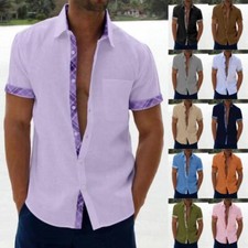 Mens Colour Block Short Sleeve Hawaiian Shirt Casual Baggy Button Holiday Tops
