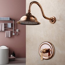 Rose Gold 8" Round Rainfall Shower Head Mixer Valve Wall Mount Shower Faucet Set
