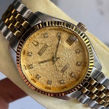 Rare Bulova Computer Dial Automatic Date Diamond Index Two Tone Boys Size Watch