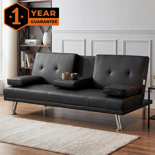 Black faux leather sofa bed - leather,