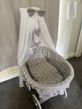 Unisex Luxury Moses Basket/Crib On Wheels By BabyMam In Grey With White Stars 