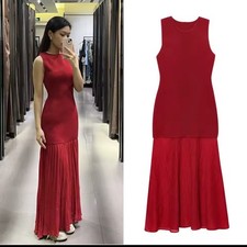 ZARA WOMAN SS25 RED PLEATED KNIT COMBINATION DRESS SIZE M 4192/055/500