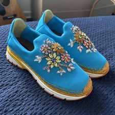 DOLCE & GABBANA Neoprene Sneaker Shoes Turquoise Swarovski Crystal Blue UK5