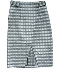 Topshop Grey White Grid Check Print Midi Skirt Slit Tweed Wool Pencil Size UK 10