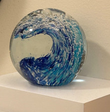 Hand Blown Glass Paperweight Ocean Wave Sculpture for Office Decor and Sea Lover