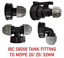 IBC Tank Fitting S60X6 to MDPE Elbow, Tee, Straight or Valve, 20mm, 25mm or 32mm