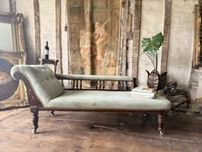 Fine  Antique Mahogany Sage Green Velvet Day Bed Chaise Lounge Longue 1880 C