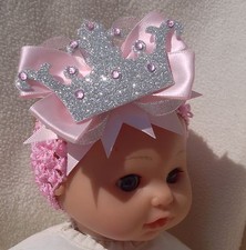Headband Pink Christening Newborn Baby Crown Diamante Hair Bow Photo Prop UK