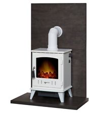 WHITE ELECTRIC STOVE LOG FIRE SLATE EFFECT FREESTANDING WITH BACK PANELS HEARTH