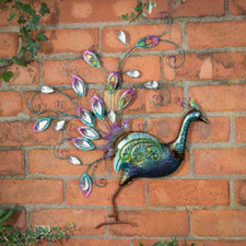 Metal Diamanté Peacock Hand Painted Wall Art Garden Decoration Ornament | 60cm