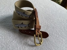 Leather Man Ltd Belt Mens 38 Embroidered Fish Brown Leather Canvas Brass USA