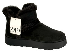 Zara Womens Platform Ankle Boots with Fur Trim Black Size 6 EU39 Winter Casual