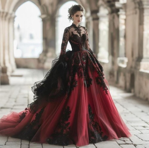 Gothic black red wedding dress - black,