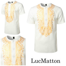 LucMatton Shirt Top Mens Size S African Traditional Dashiki Luxury Hidden Button