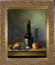 F.O. Scarce, Bottle and Grapes, Still Life, Oil on Plate, Framed