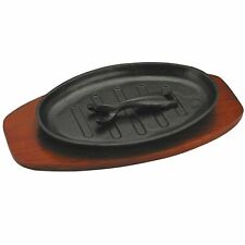 CAST IRON SIZZLE PLATTER STEAK FAJITA SERVING DISH SIZZLING PLATE WOODEN BASE NW