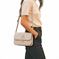 CELINE Logo Classic Shoulder Bag Leather Ivory 80s Vintage USED Italy