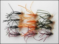 Flexi spandex Daddy Long Legs Fishing Flies, 12 Per Pack, 4 Colours size 10