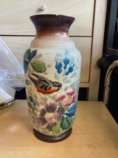 Antique Victorian Milk Glass Opaline Vase Hand Painted 25cm tall