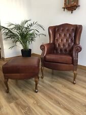 Luxurious Chesterfield Wingback Chair + Louis Style Stool - Real Leather, Handmade